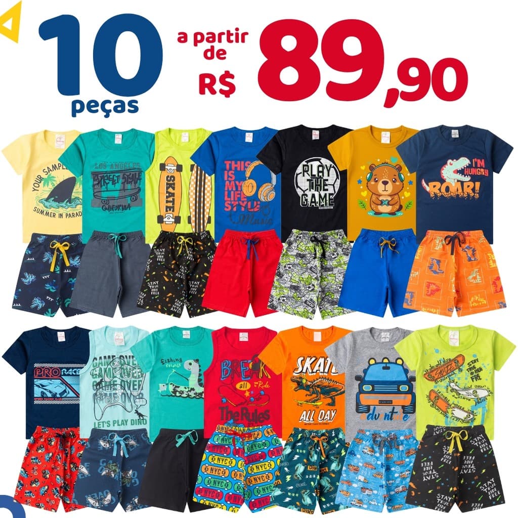 Kit 10 Peças Roupa Infantil Menino Verão 5 Bermudas + 5 Camisetas Conjunto Criança Masculino