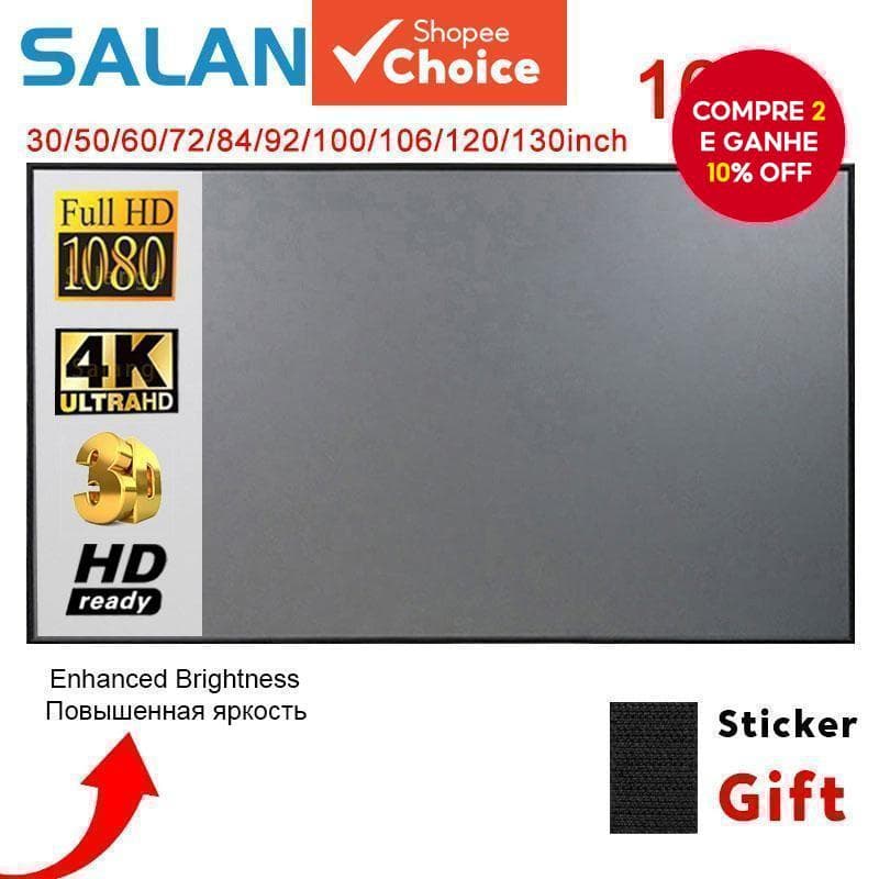  SALANGE tecido sintético reflexivo de borda preta 60/72/84/100/120/130 polegadas 16:9 Tela de Projeção Portátil Para
