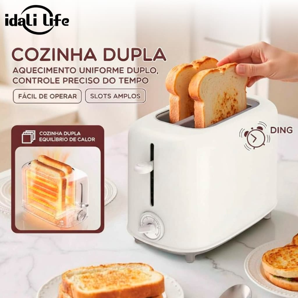 Torradeira Elétrica 600W 6 Níveis de Torra Compacta Design Moderno 2 Fatias Branco IDALI LIFE