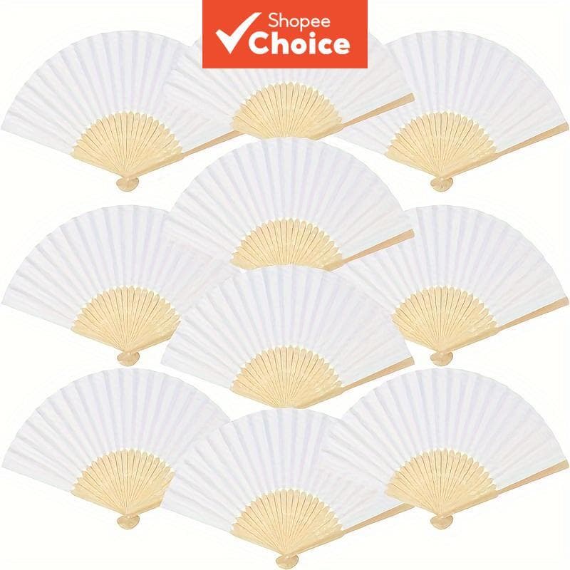 10 Peças Leques Dobráveis Brancos Com Detalhes Dourados De Papel De Bambu Em Branco Para Casamentos Festas Presentes Lem