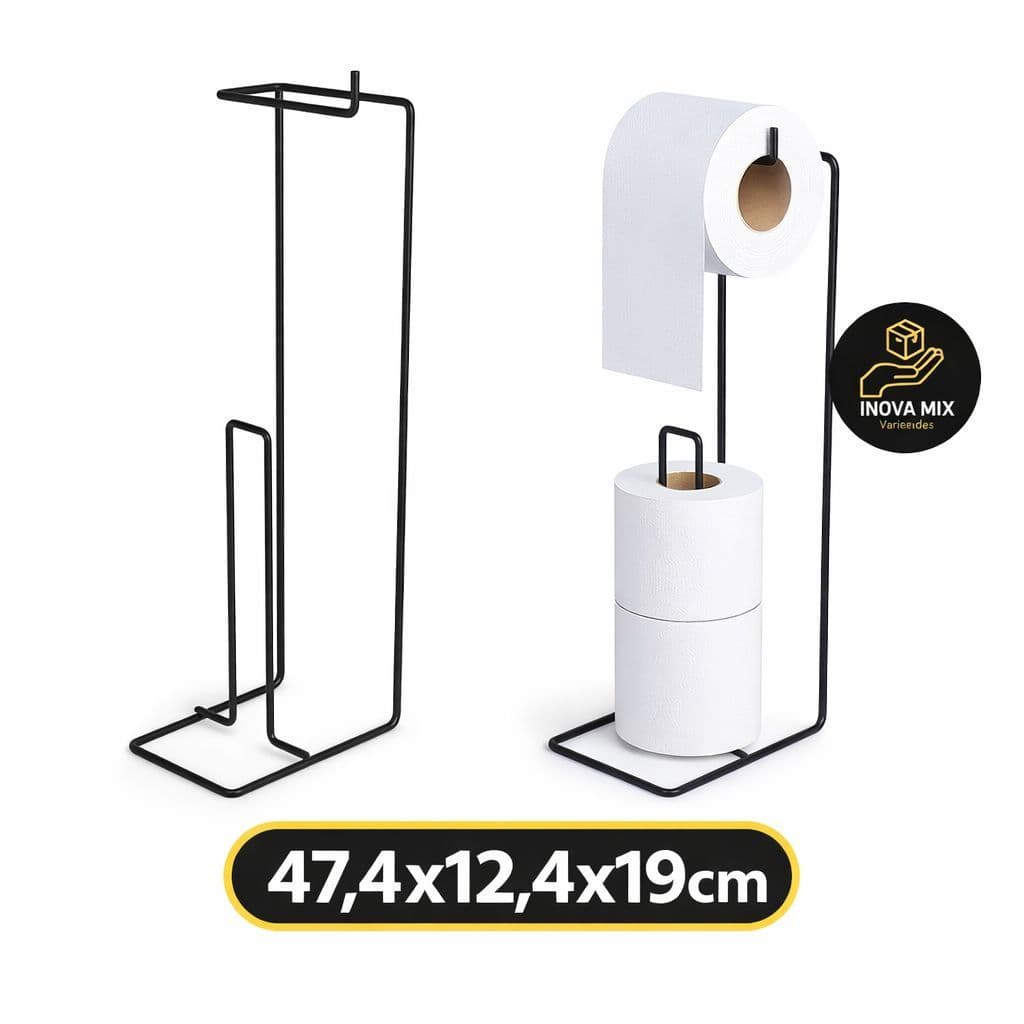 Suporte Porta Papel Higiênico De Chão 3 Rolos Preto