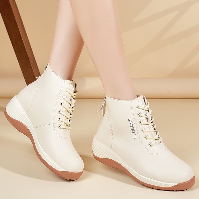 Tênis Femininos Cano Alto com Zíper 2026 Novo PU Respirável Antiderrapante Salto de 5CM Moda Preto Bege