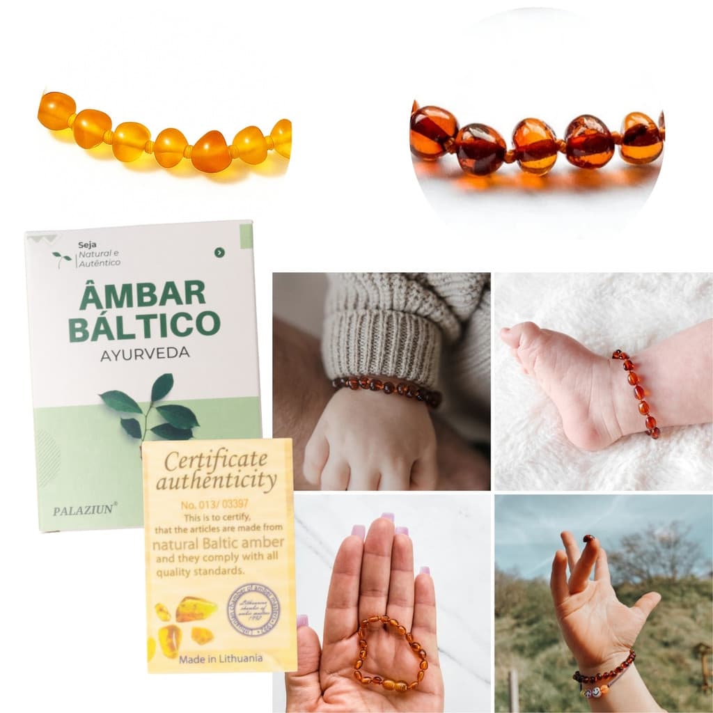 Tornozeleira Pulseira de Ambar Báltico Infantil 14cm Com Certificado Bebe Cor Mel e Conhaque