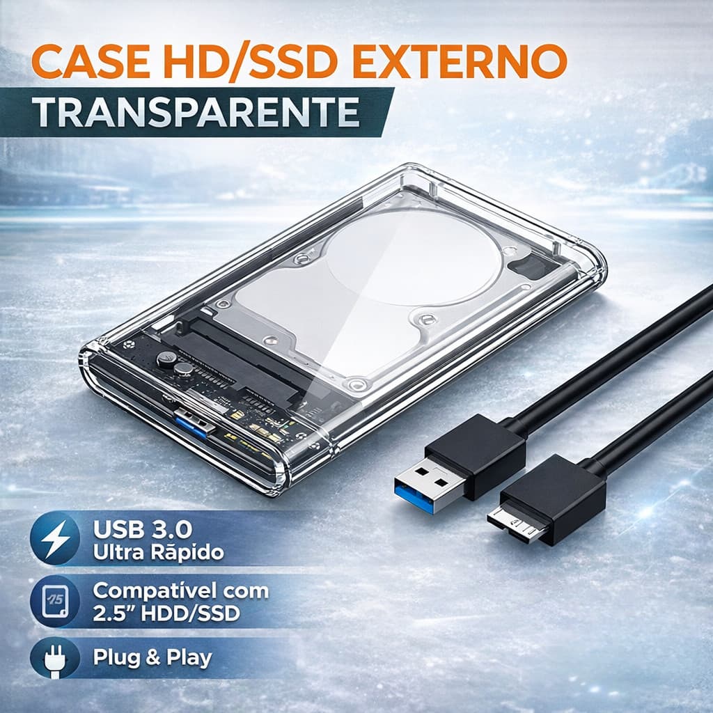 Case HD Externo 2.5 USB 3.0 SATA III Transparente SSD HDD Enclosure Alta Velocidade UASP