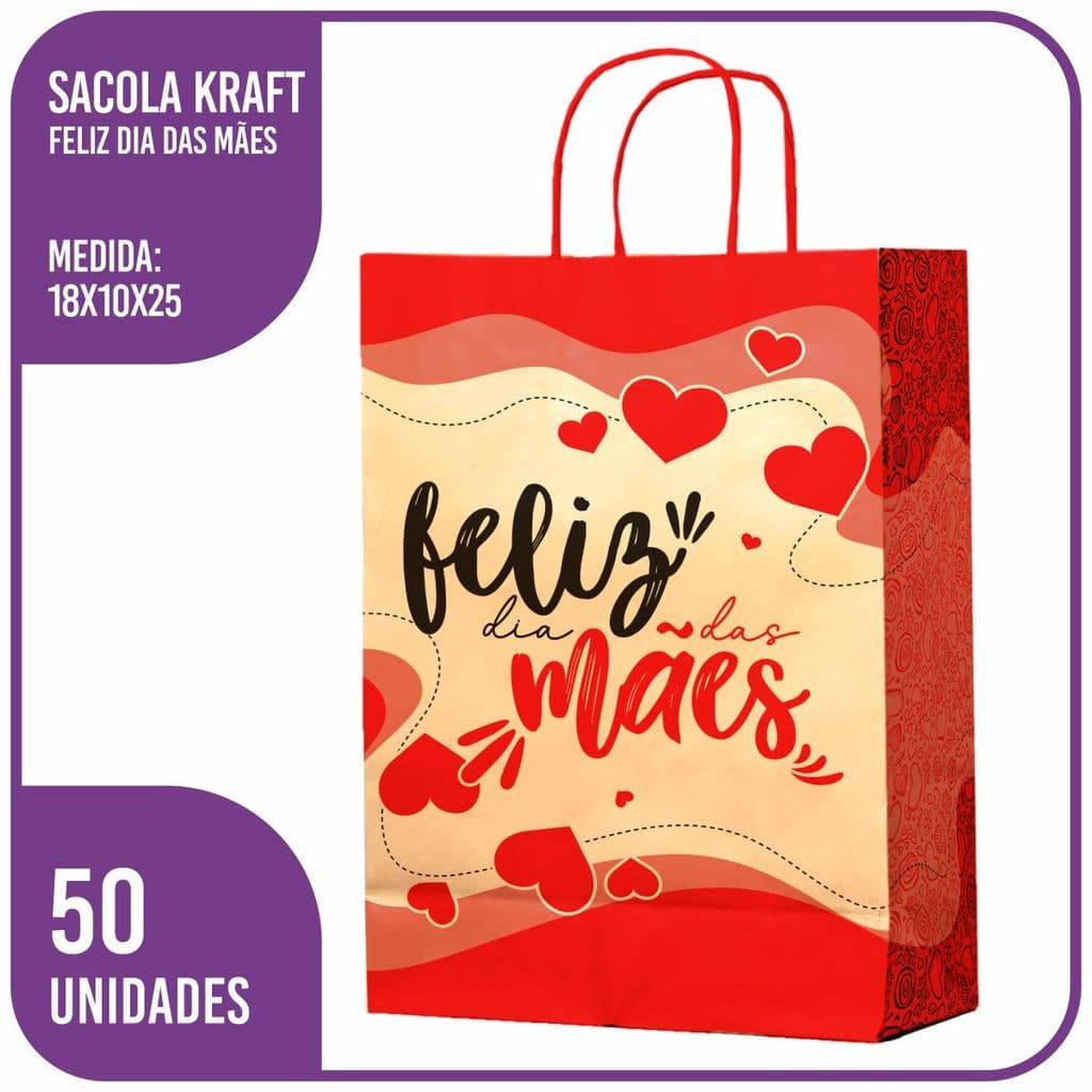 Sacola Kraft Feliz Dia das Mães (PP) 18x10x25 - (50 Unidades)