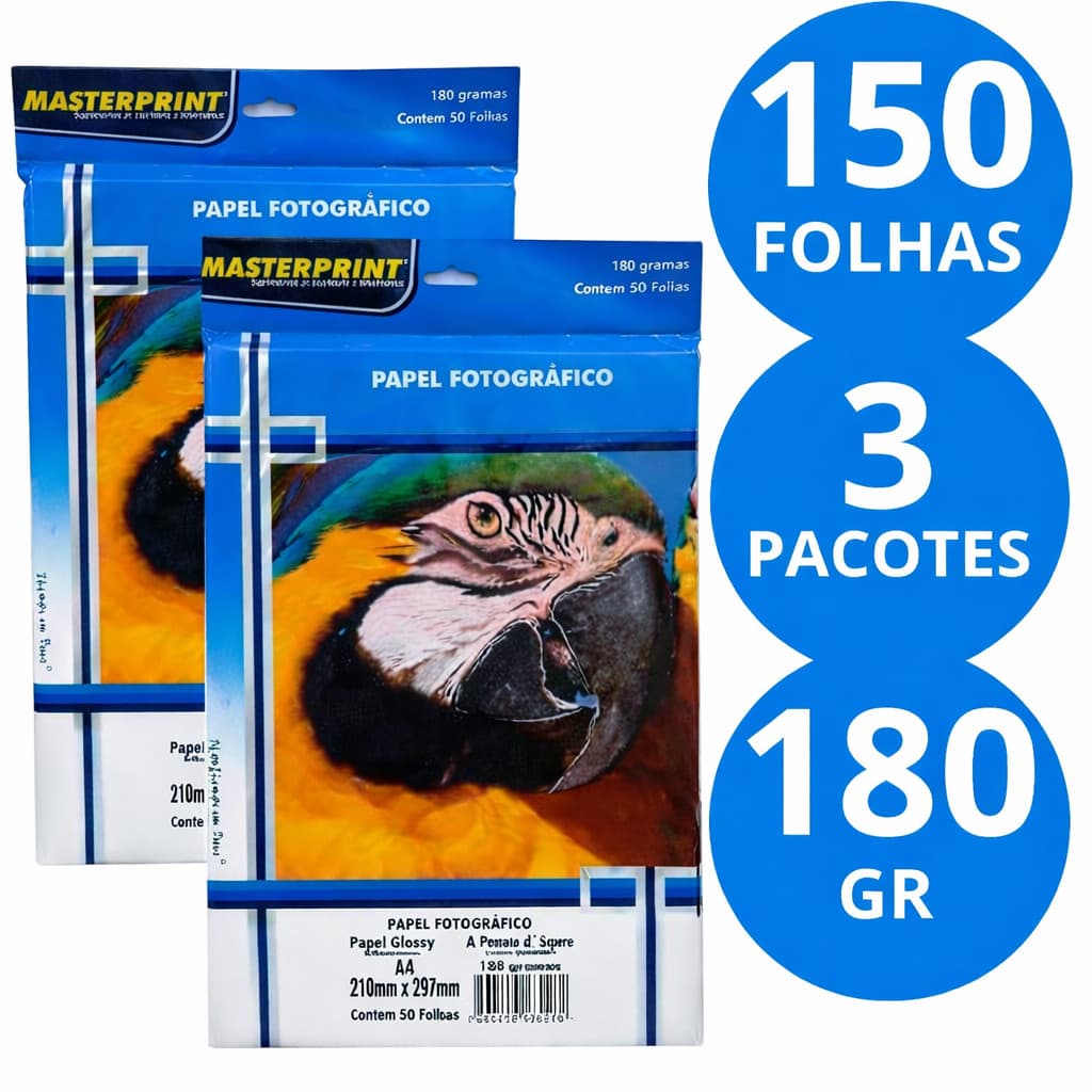 Papel Fotográfico 180g A4 Glossy Brilhante à Prova D'água MASTERPRINT 50/100/150 Folhas