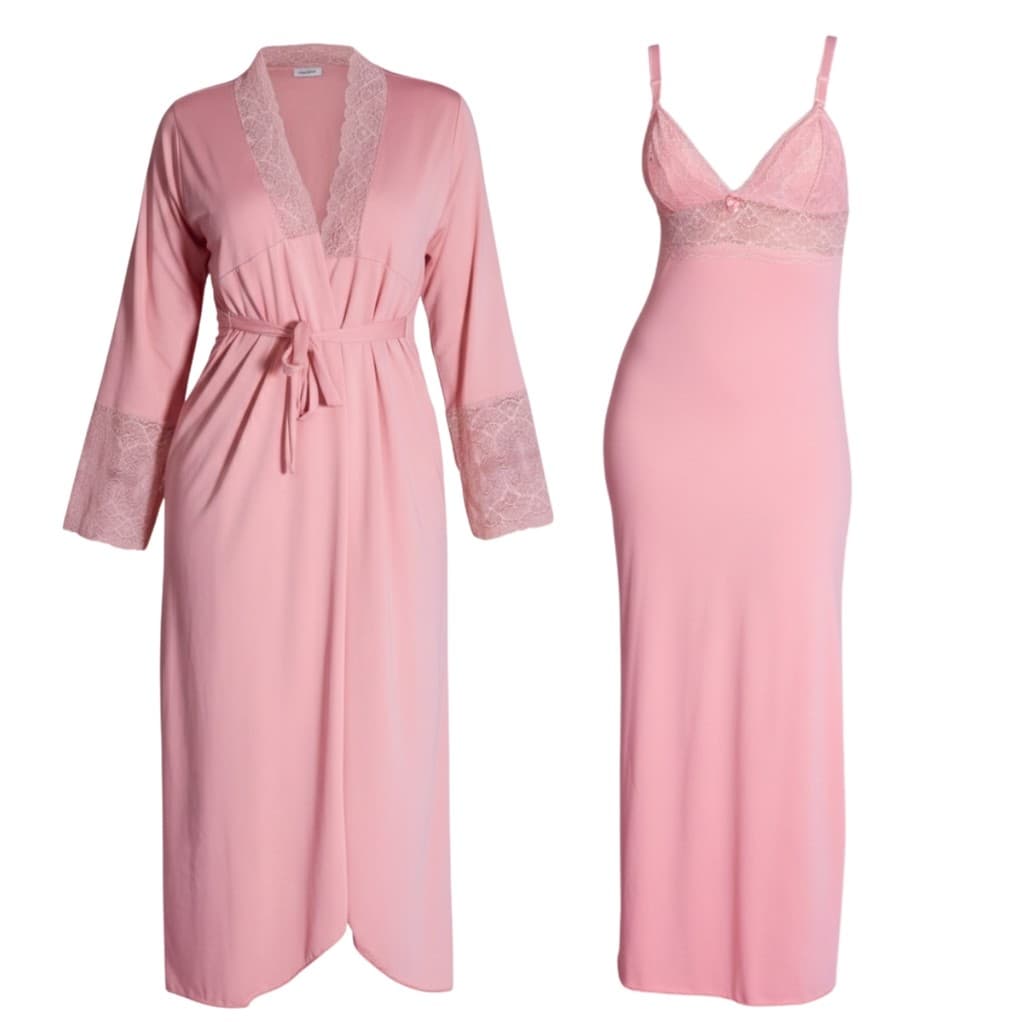 Kit  Robe Roupão e Camisola Amamentação Longos Pós Parto Gestante Maternidade  Liso Renda