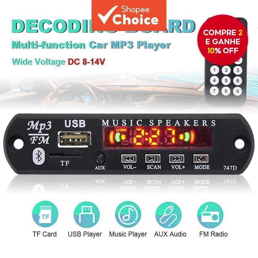  Módulo Bluetooth 5.0 USB/TF 12V MP3 – Rádio FM, Controle Remoto, Display Colorido para Áudio Automotivo