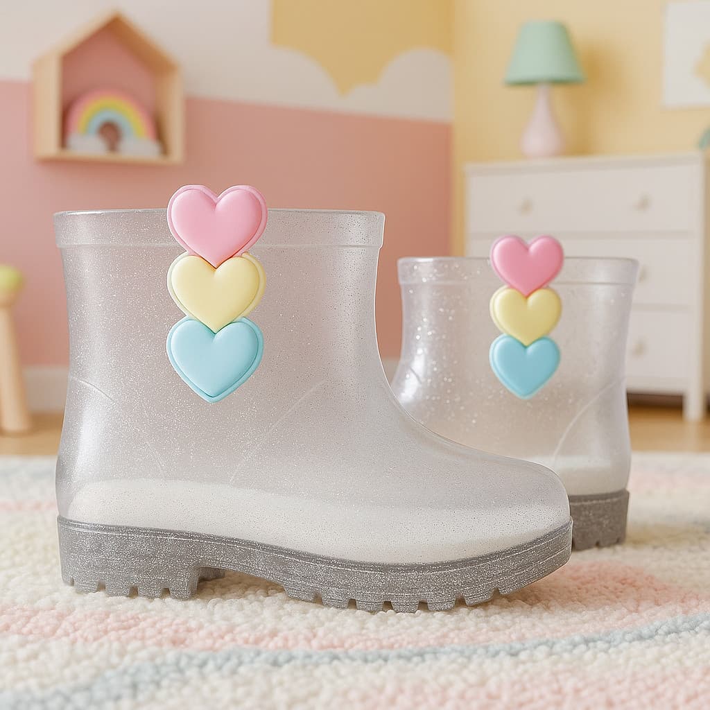 Galocha Botas Infantil Meninas Femininas Coração Flores Criança Leve Impermeável Confort.