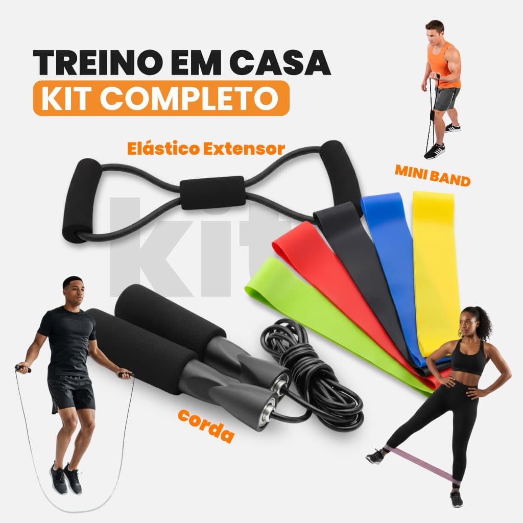 Kit Academia Em Casa Corda + Elastico + Extensor + Mini Band