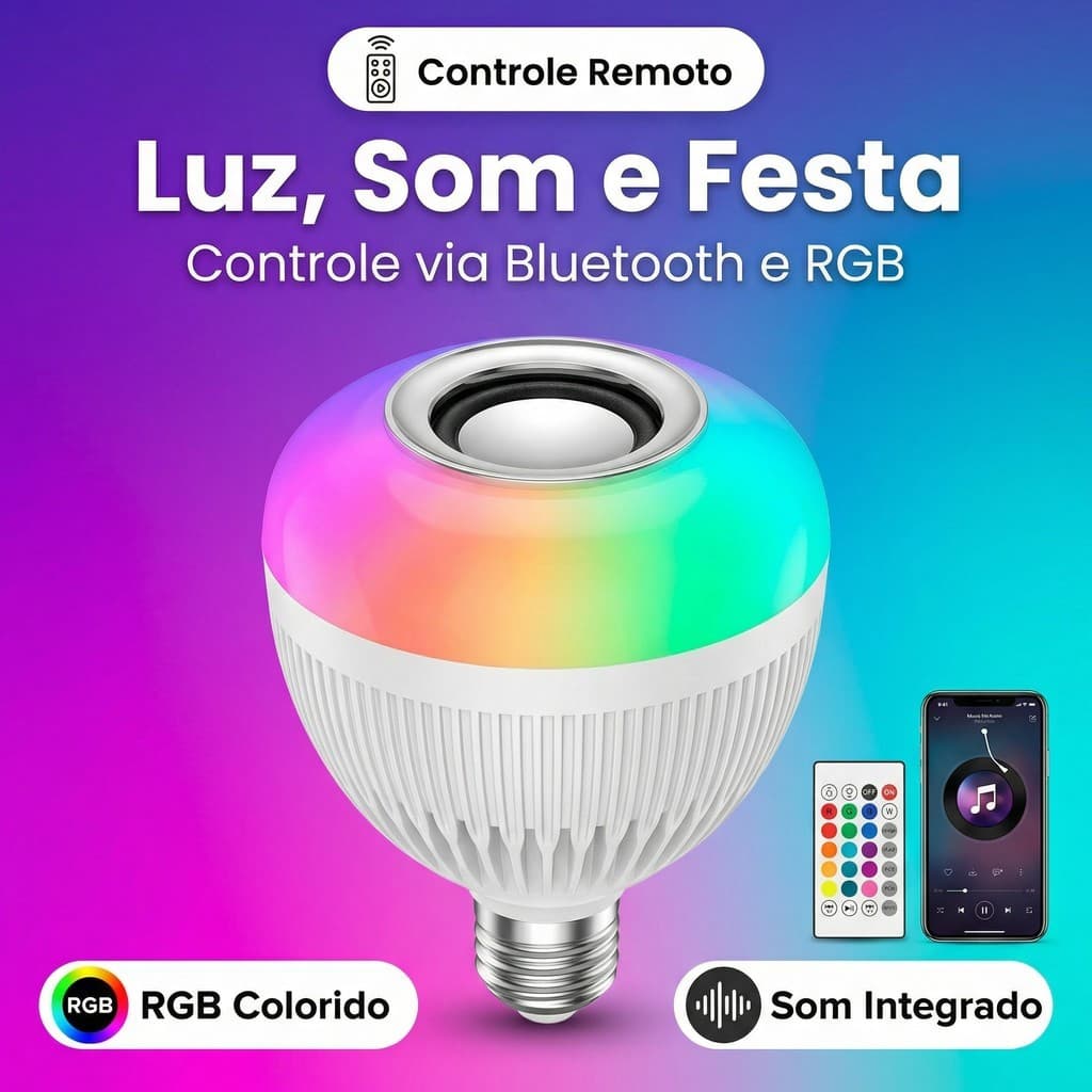 Lâmpada LED Musical Bluetooth RGB E27 com Controle Remoto 12W