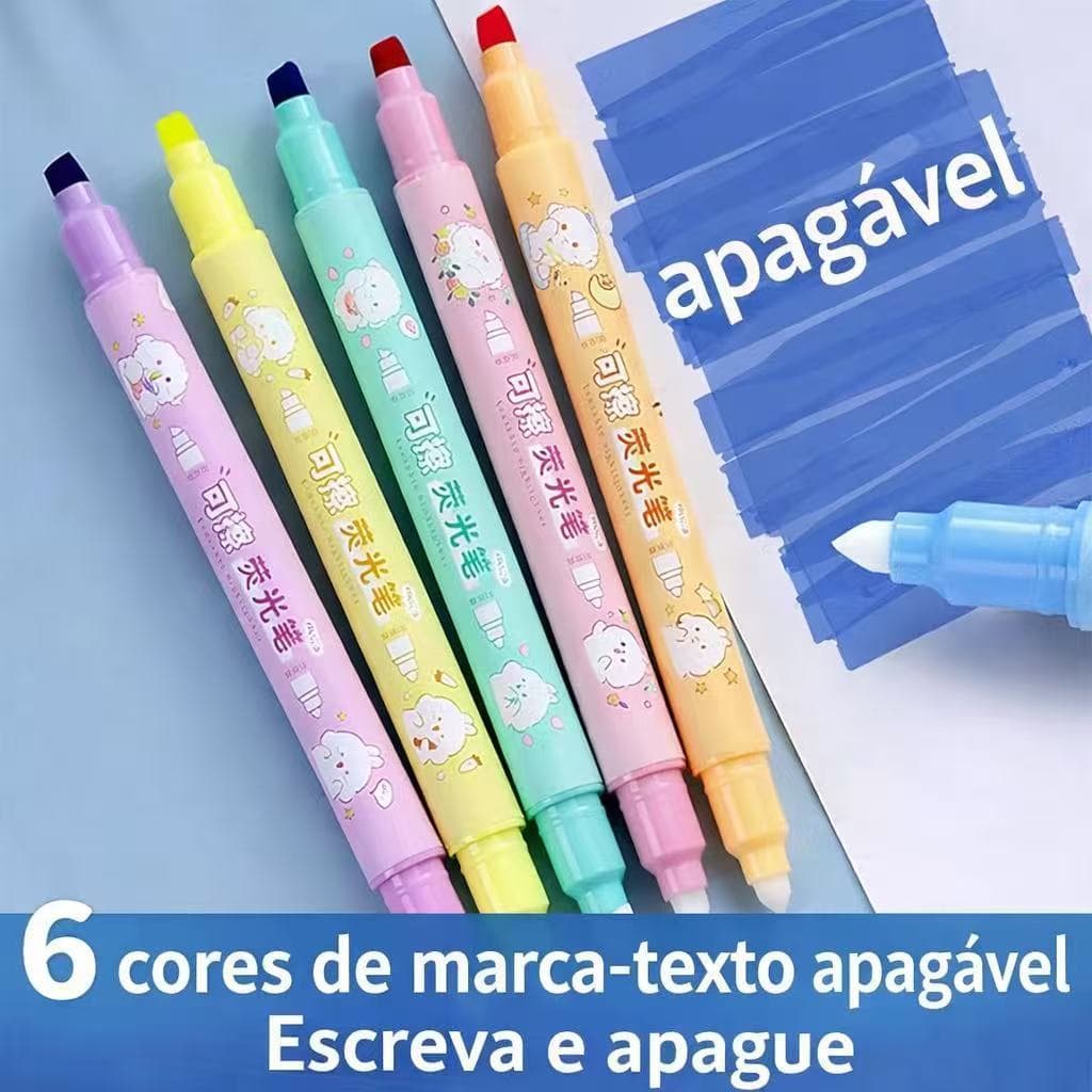 Caneta Kit com 6 Peças Marca Texto Apagável Com 6 cores duas pontas caneta destaque escolar Multicores
