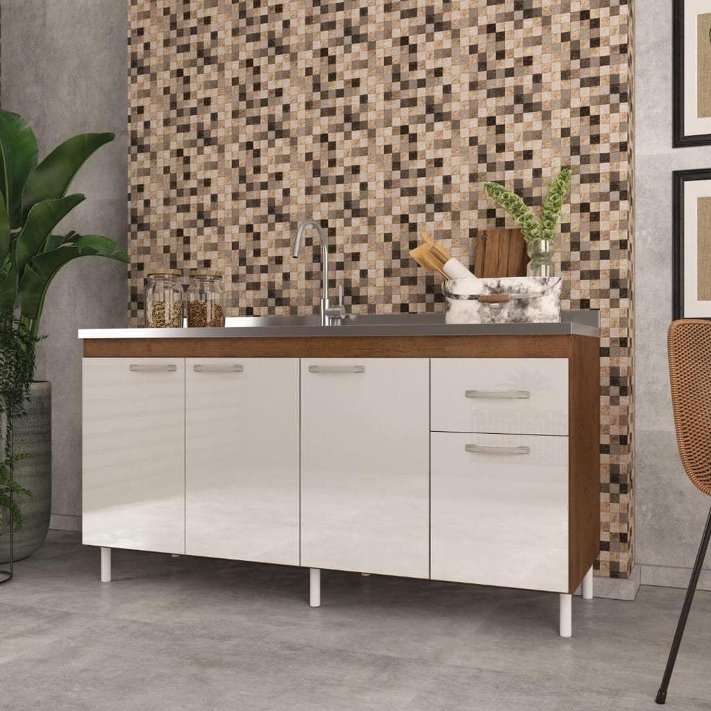 Balcão de Cozinha para Pia de 160cm Sem Tampo Suiça Fidelitá 4 Portas 1 Gaveta Noce/Off-White