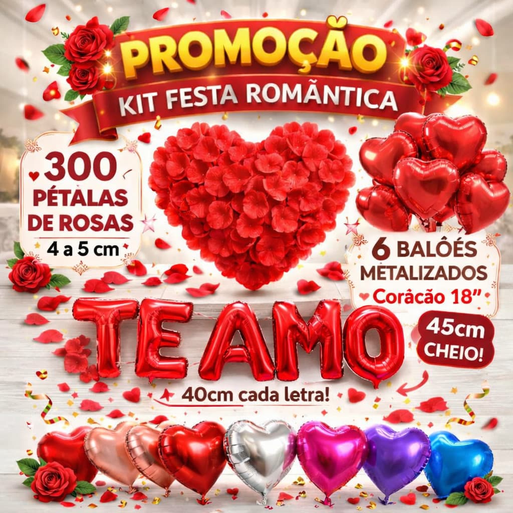 Kit Romântico 300 Pétalas Artificiais + 6 Balão Coração + TE AMO Decoração Completa Dia Namorado Mãe