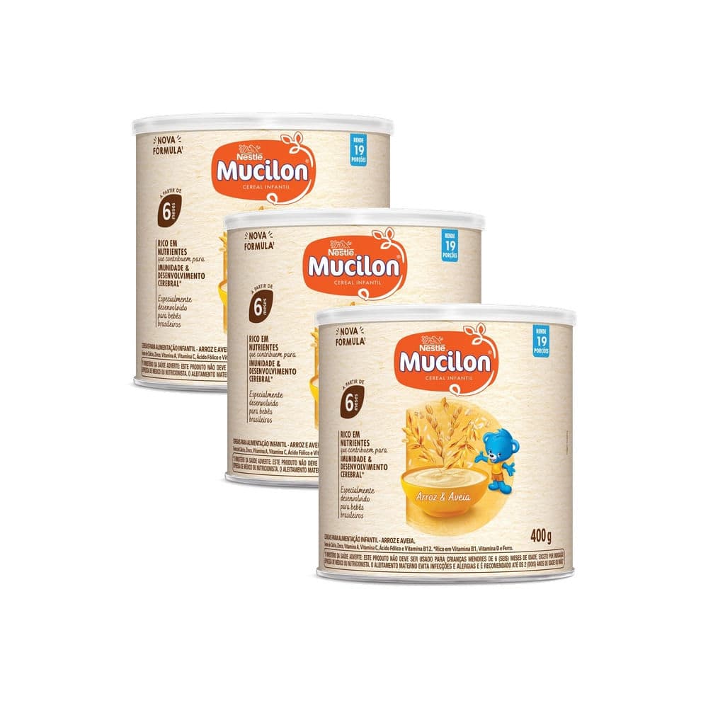Kit 3 Mucilon Arroz e Aveia Cereal Infantil Lata 400g