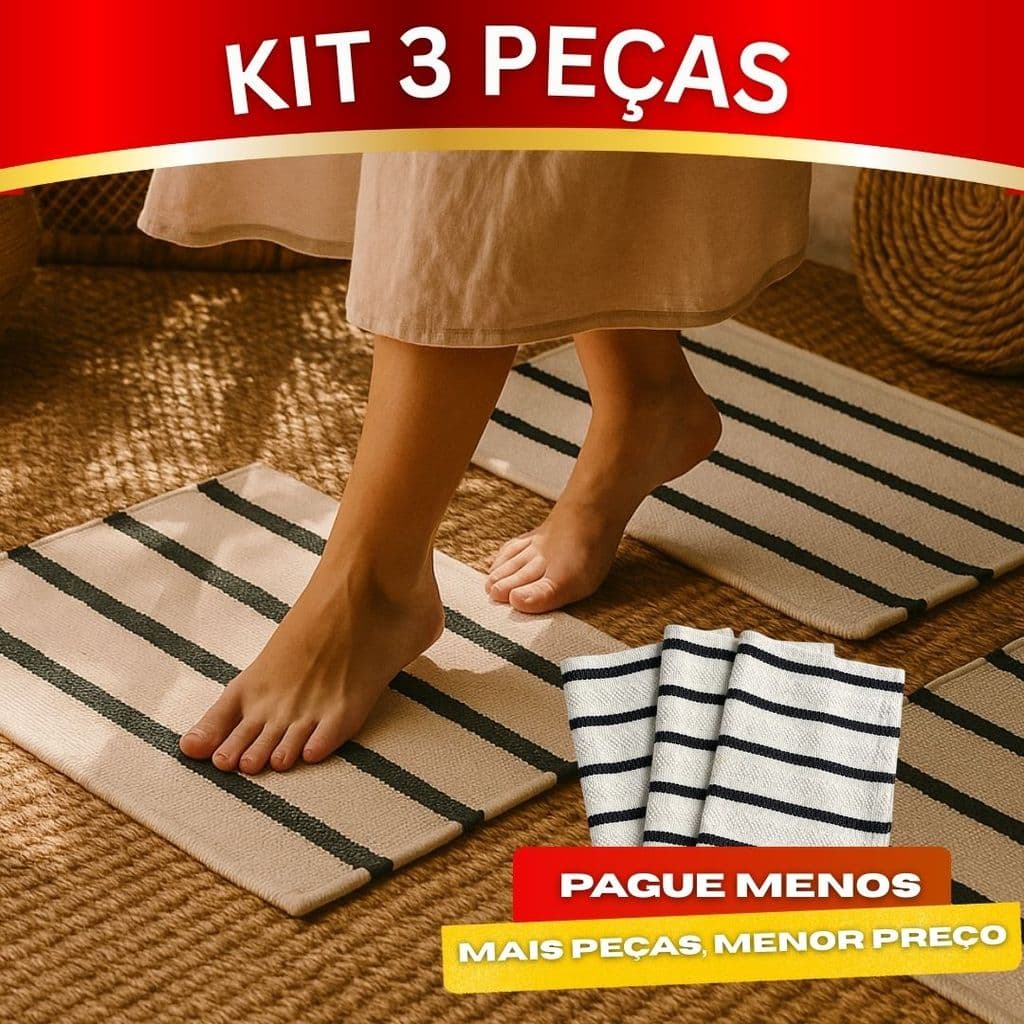 Kit 3 Tapetes Capacho 40x60cm Algodão Estampa Mandacaru Listrado Decorativo para Porta