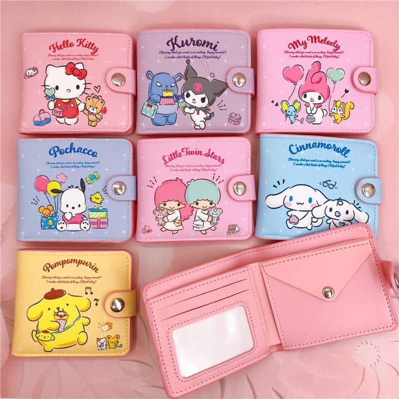 Sanrio Pu Casual Carteira Dobrável Com Botões Kawaii Cinnamoroll Minha Melodia Kuromi Bolsa De Dinheiro Porta-Cartões Mo
