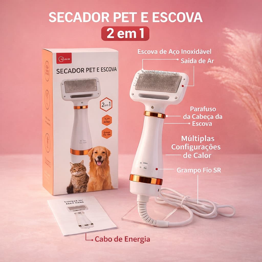 Secador Pet com Escova 2 em 1 Escova Secadora para Cachorro e Gato