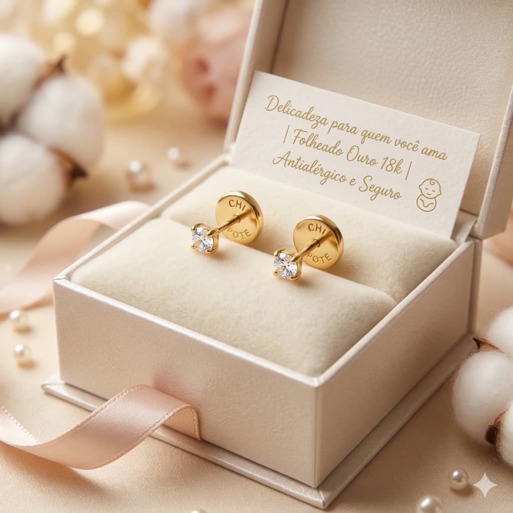 Brinco Infantil para Bebê Antialérgico Folheado Ouro 18k | Seguro e Delicado