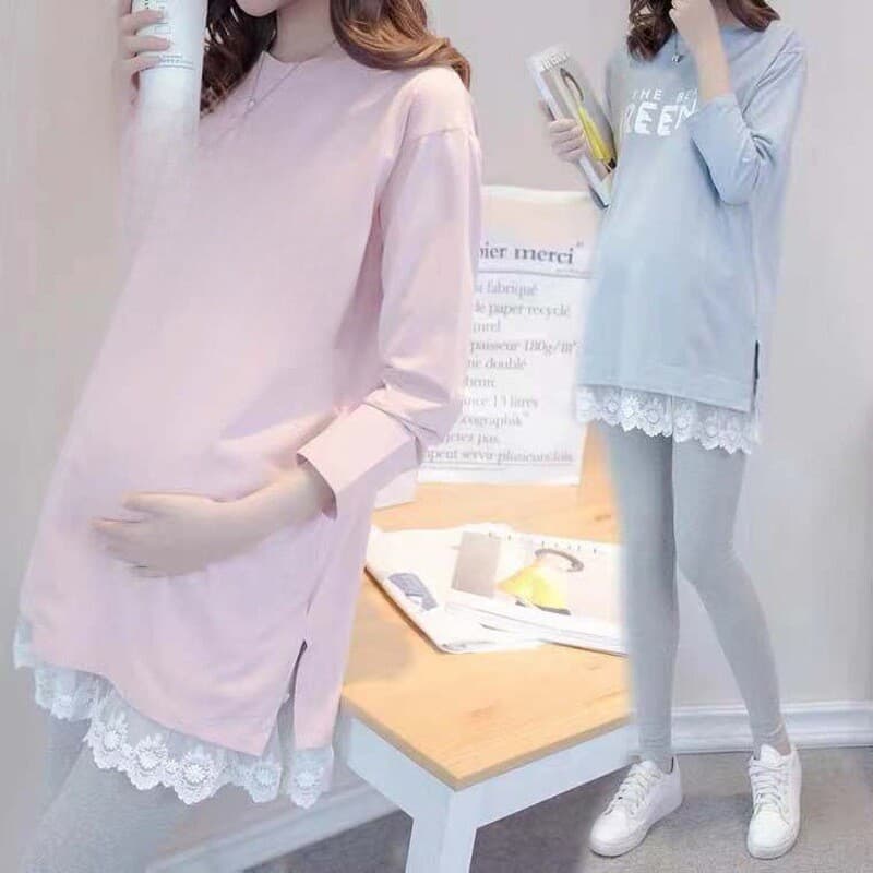 Roupa de maternidade primavera outono terno Casual tamanho grande topo de manga comprida camiseta exterior usar vestido 