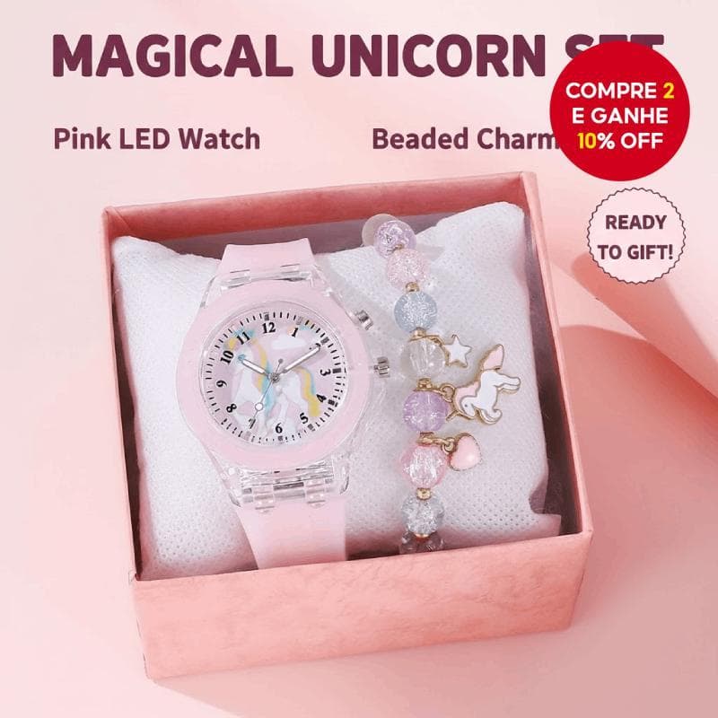 Relógio Luminoso Para Crianças Menino E Menina Unicórnio Pulseira De Quartzo Conjunto Rosa Azul Branco Presente De Volta