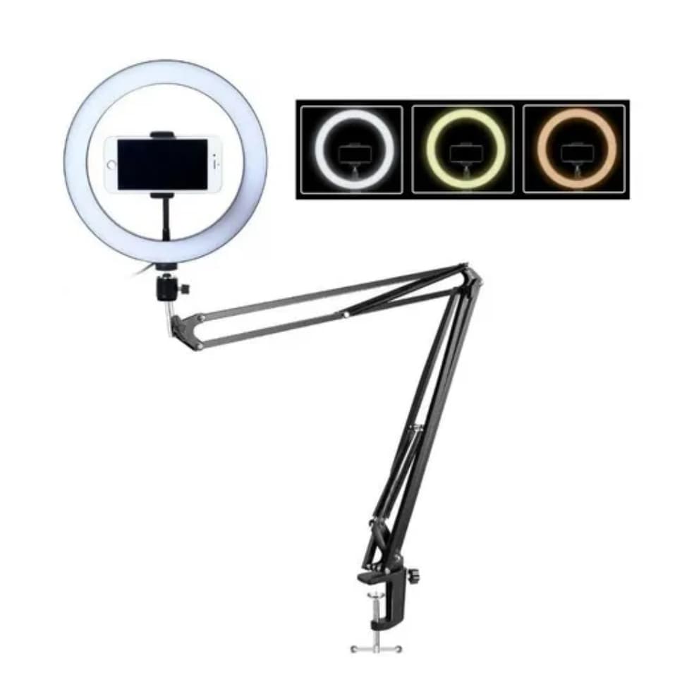 Ring Light Profissional 10 Pol 26cm LED 3 Cores Com Braço Articulado Suporte Para Celular e Mesa