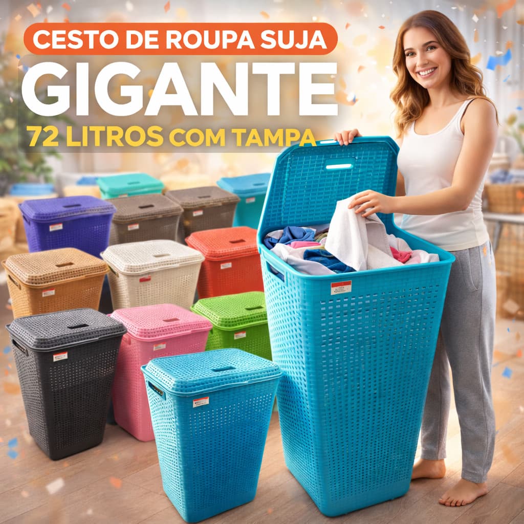 Cesto de Roupa Suja com Tampa 72L Grande Plástico Resistente para Lavanderia Banheiro Família