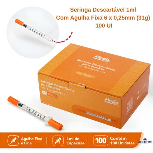 Kit 100 - Seringa Insulina Botox Estéril 1ml 6x0,25mm Agulha Fixa 31g Medix