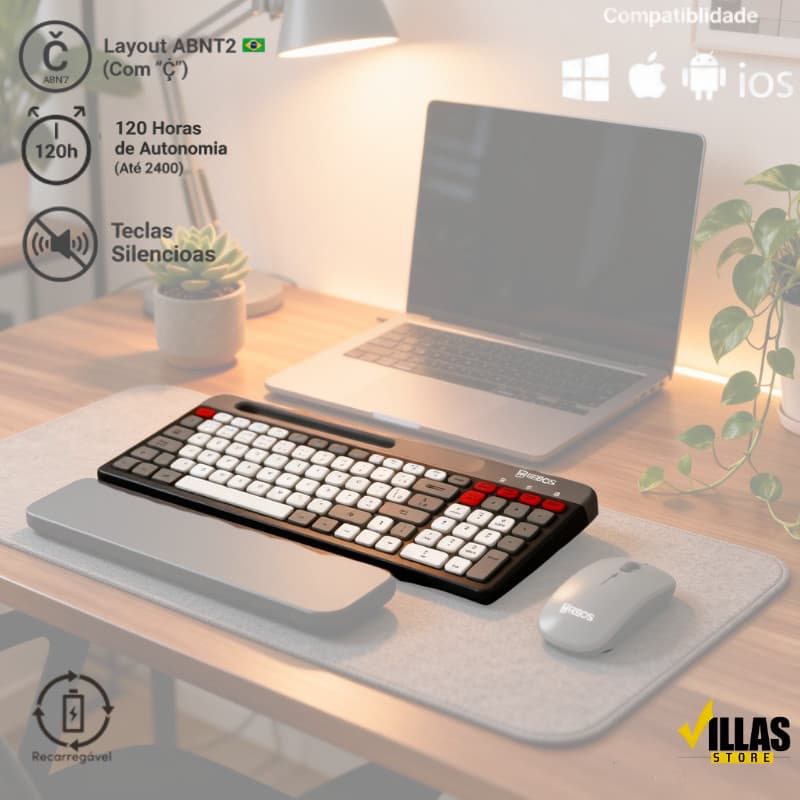 Teclado Avulso ou Kit (Teclado e Mouse) Sem Fio Hrebos IF-259 IF-306 |Bluetooth + USB| Abnt2 | Recarregavel Usb-c