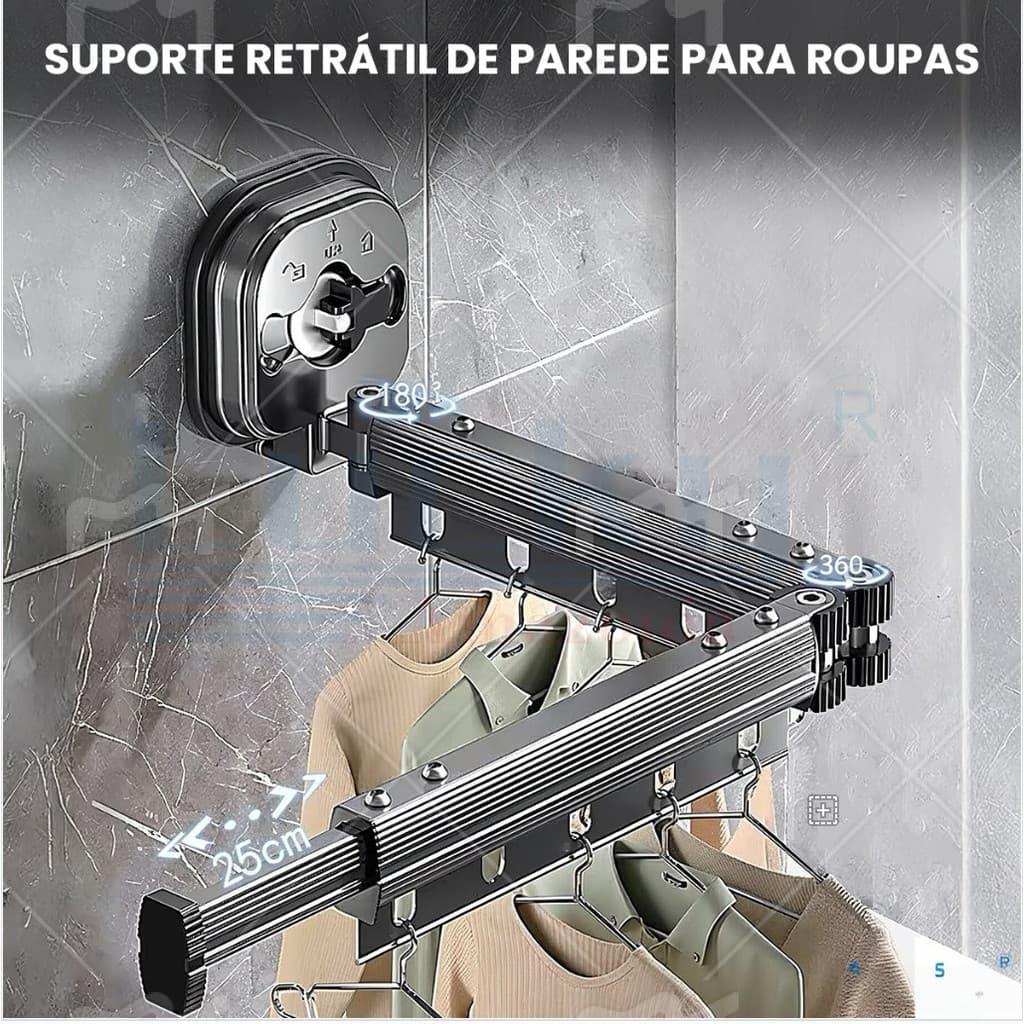 Cabideiro de Roupa Retrátil de Parede Varal Articulado Ventosa Suporte Retrátil 92cm  Rotação 360