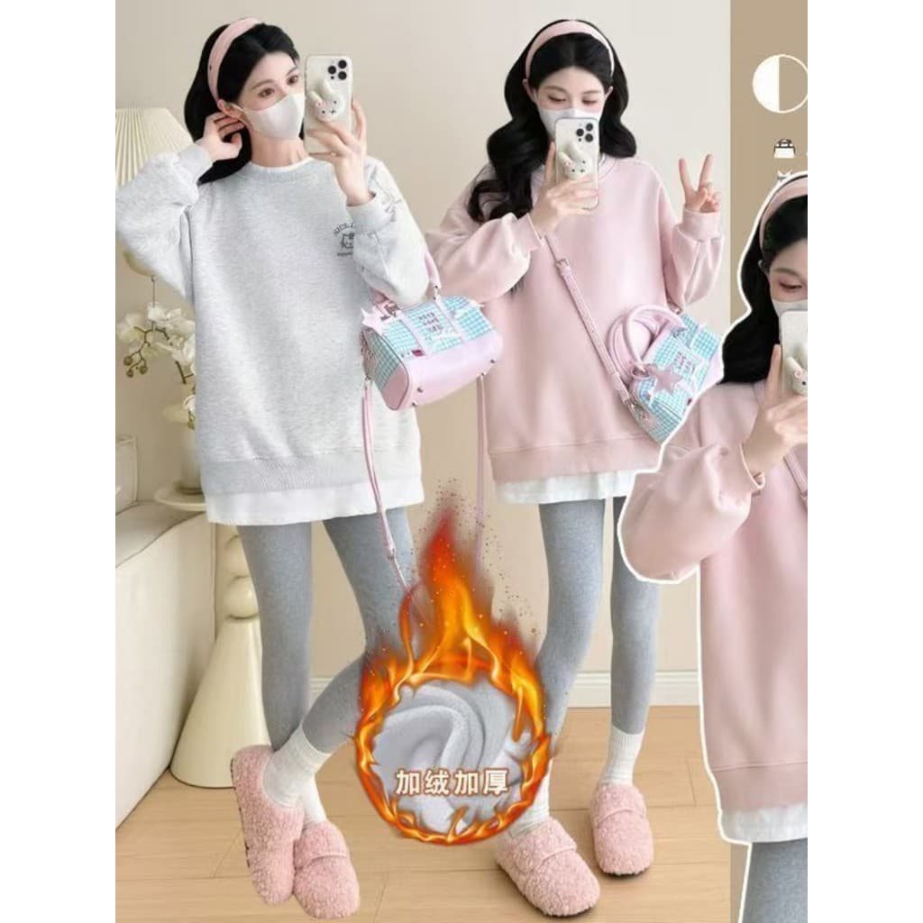 Roupas de maternidade roupas de inverno topos novo estilo forro de lã engrossado falso moletom bordado de duas peças est