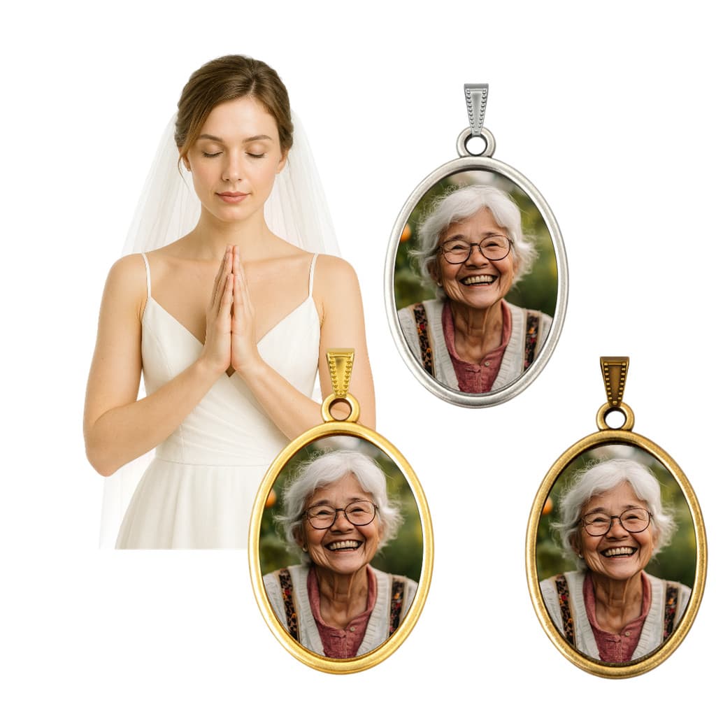 Relicário Pingente Personalizado com Foto Homenagem Para Buquê de Noiva