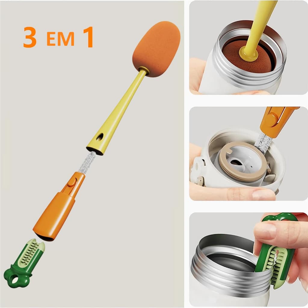 Escova de Limpeza 3 em 1 Multifuncional: Dobrável | Ideal para Mamadeira, Copos e Garrafas de Bebê