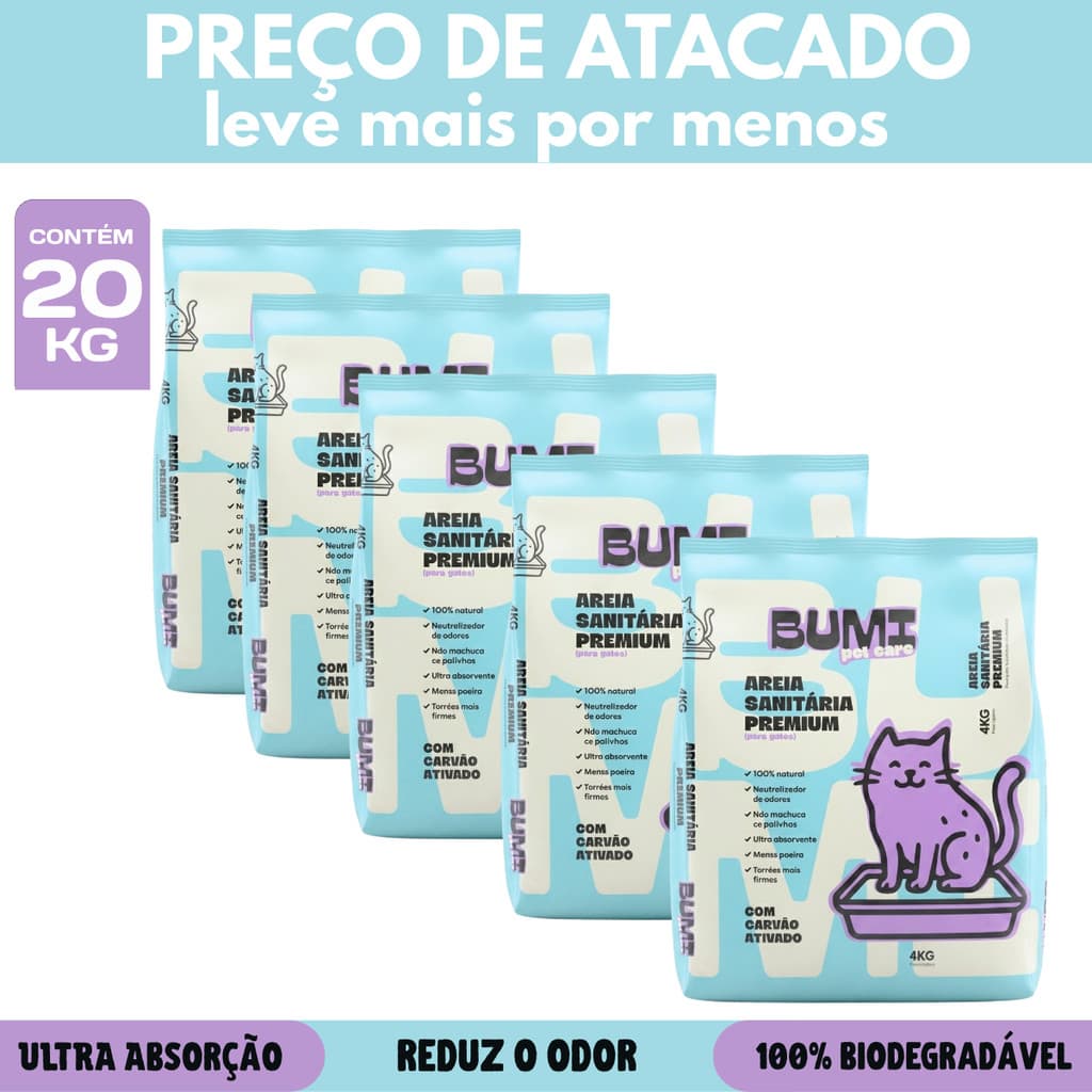 Kit com 5 Areia Sanitária Biodegradável Esmectita com Carvão Ativado 4kg Bumi Pet Care