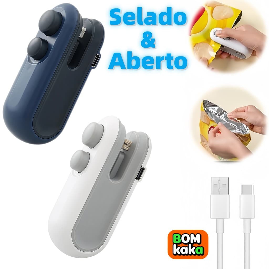 Seladora de Plástico Recarregável 2 em 1 | Vedação a Quente com Efeito Vácuo | Portátil e Magnética