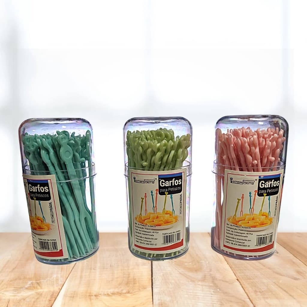 Garfo | Garfinho | Palito Para Frutas E Petiscos De Plástico Com Dispenser Reutilizável - 40 Unidades