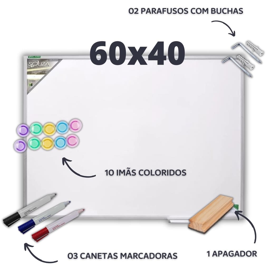 Kit Lousa Quadro Branco Magnético Alumínio 60x40 Apagador 3 Canetas 10 Imãs 2 Parafusos