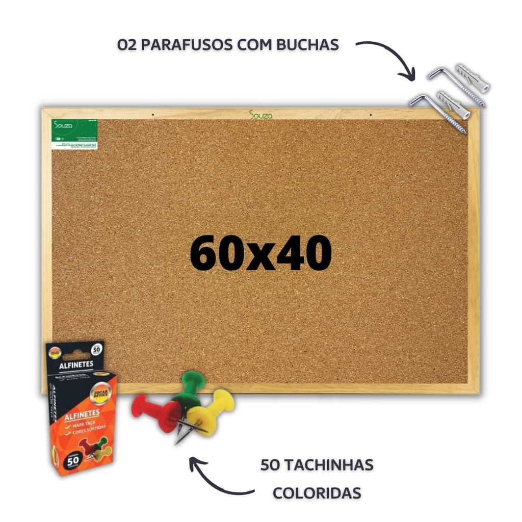 Quadro Lousa Cortiça 60x40 Moldura Madeira Avisos Recados Mural Fotos 50 Alfinetes