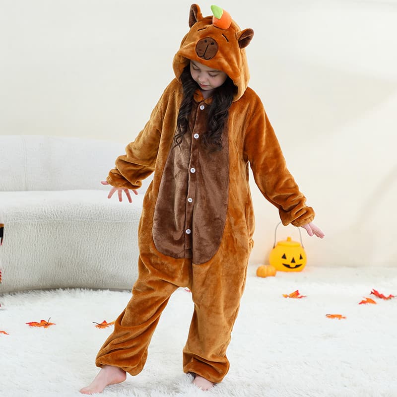 Kigurumi Capivara Vaca Dos Desenhos Animados Onesies Crianças Animal Macacão Meninas Meninos Flanela Pijamas Trajes