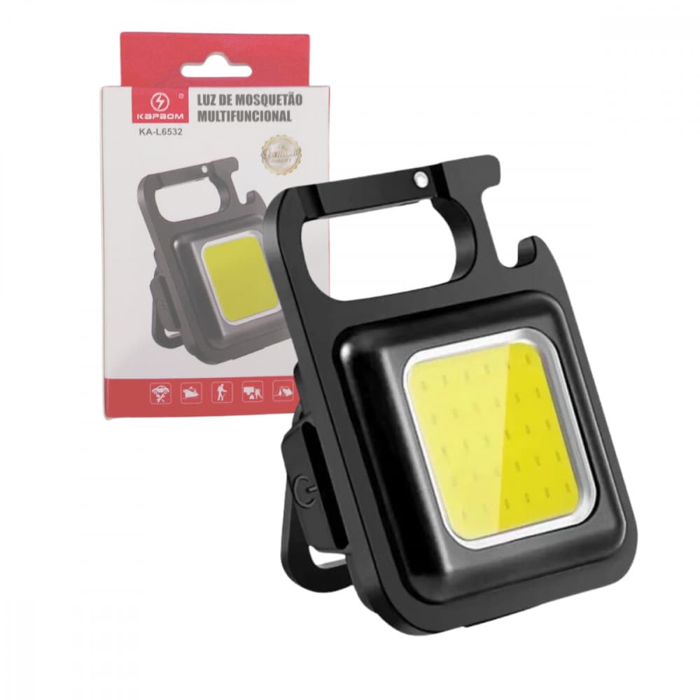 Mini Lanterna USB com Mosquetão e Abridor de Garrafas