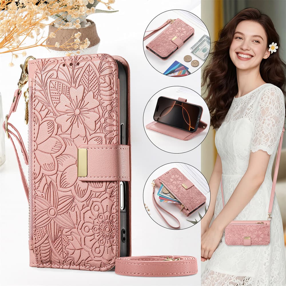 Capa Carteira Para Xiaomi 15T Redmi Note 15 14 13 15C 14C Pro Couro Flor Em Relevo Moda Zíper Flip Alça Longa De Telefon