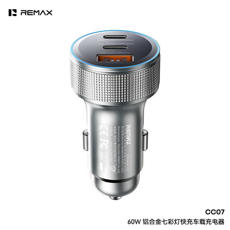 R REMAX liga de alumínio luzes coloridas 60W carregador de carro de carga rápida Mini três portas 2C + 1A carregador de 
