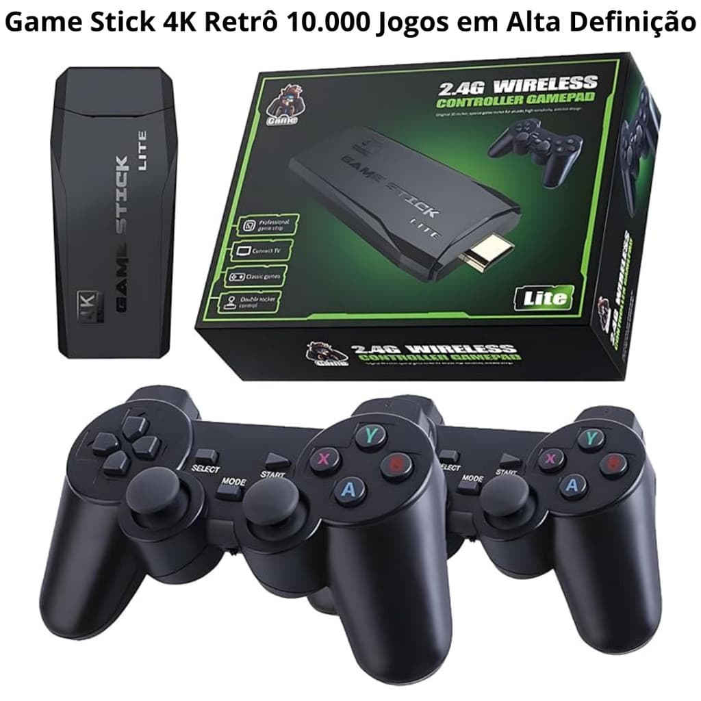 Game Stick 4K Retrô com 2 Controles Sem Fio – Console com Jogos Clássicos HDMI