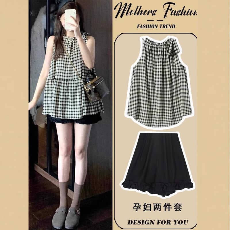 Terno de maternidade xadrez em torno do pescoço sem mangas Shorts finos 2025 novo estilo Casual de duas peças verão roup