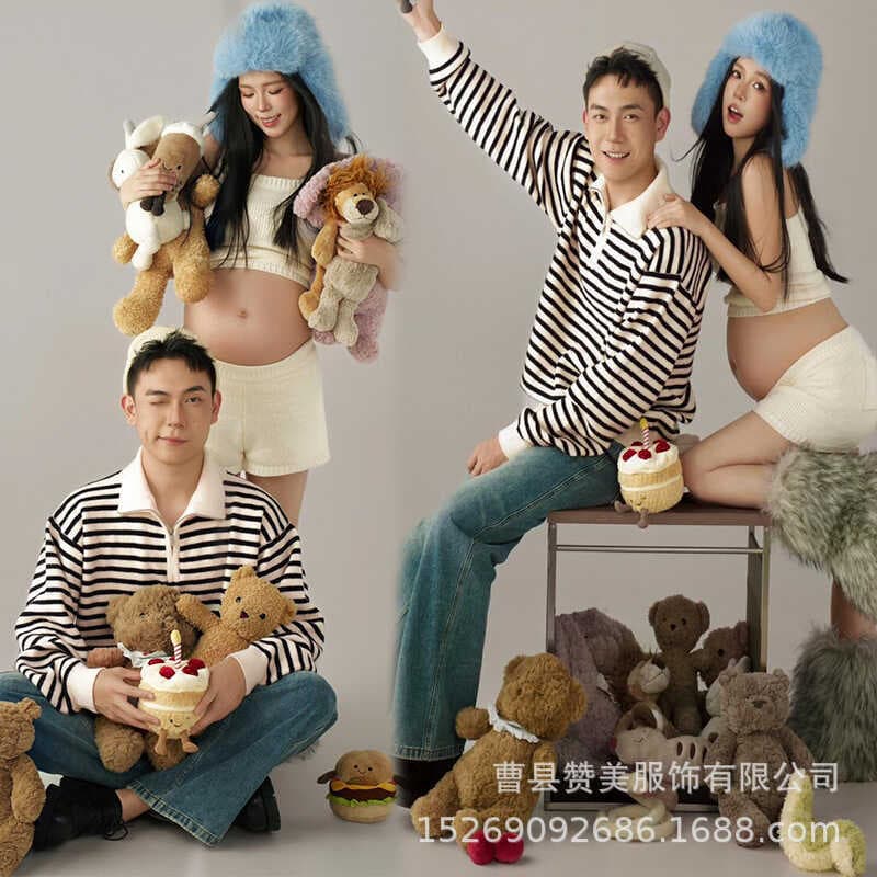 Estúdio de fotos mulheres grávidas foto traje casal pequeno fresco malha terno interior grande barriga grávida mãe tiro