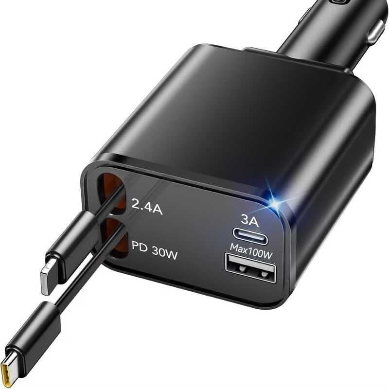 Carga rápida de carro quatro em um de 120 W vem com cabo retrátil PD65W + QC3.0 Adaptador de isqueiro de carga Super ráp