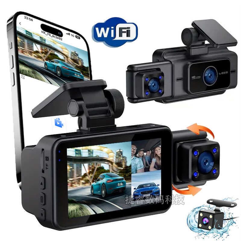 Novo gravador de condução de alta definição três lentes frente traseira dupla gravação frente Interior do carro traseiro