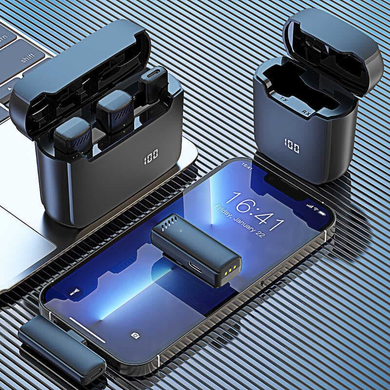 Microfone de lapela sem fio Sol, um para duas caixas de carregamento com Display Digital, gravação de celular, microfone