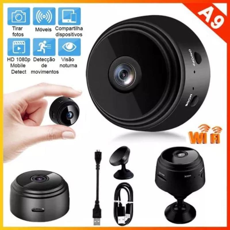 Mini Câmera de Segurança A9 Wi-Fi Full HD 1080p 90° Monitoramento Espiã com Suporte