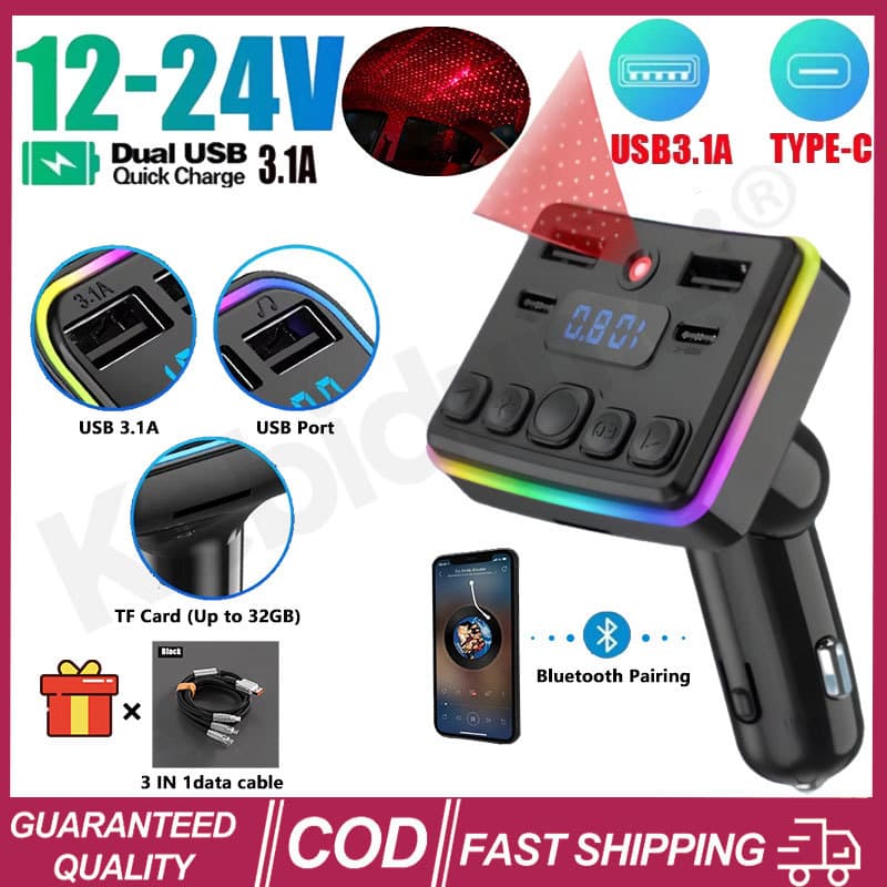 9 Em 1 Carro Bluetooth 5.4 Transmissor Tipo C Duplo USB Carregador De Telhado Céu Estrelado Atmosfera Luz Mp3 Player Sup